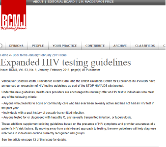 Expanded HIV Testing Guidelines for Vancouver